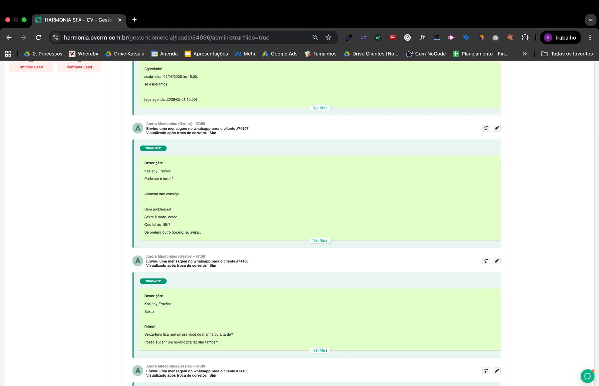 CV CRM mostrando conversas WhatsApp transcritas na íntegra dentro do timeline do lead