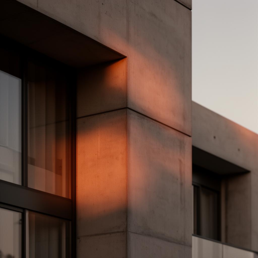 Detalhe arquitetônico de edifício moderno em luz quente do entardecer, representando o próximo passo.